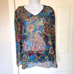 Chico's Blue Paisley 100% Silk Sheer Blouse. Size S